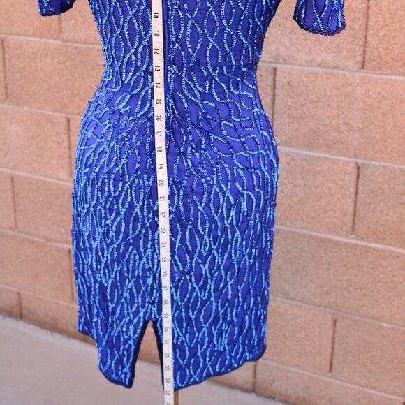 Laurence Kazar Silk Dress Womens SP Royal Blue Sequined Beaded Cocktail 90s - Picture 13 of 15